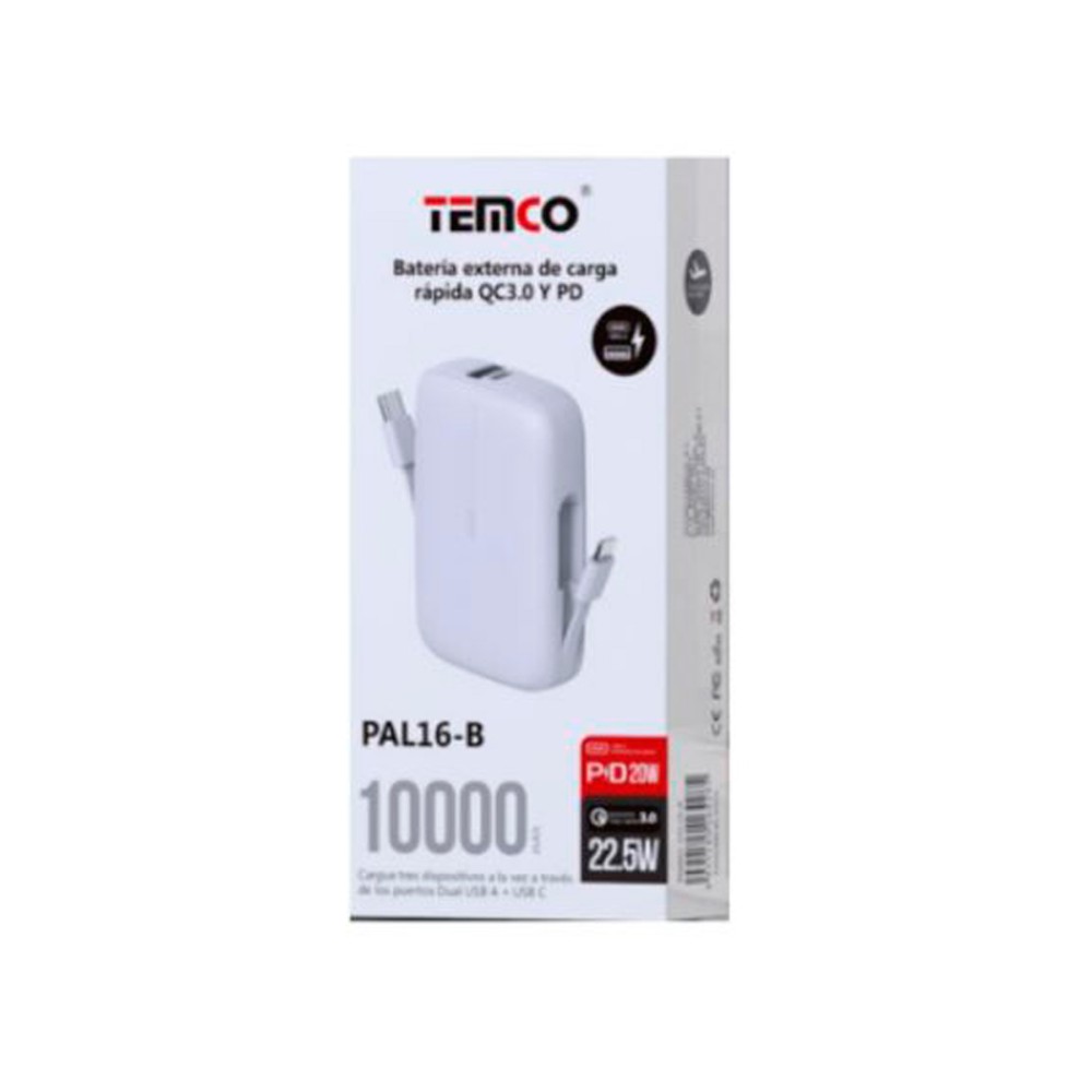 Bateria externa 10000mAh 22.5W 2.25A MAX / salidas tipo C-lightning blanco