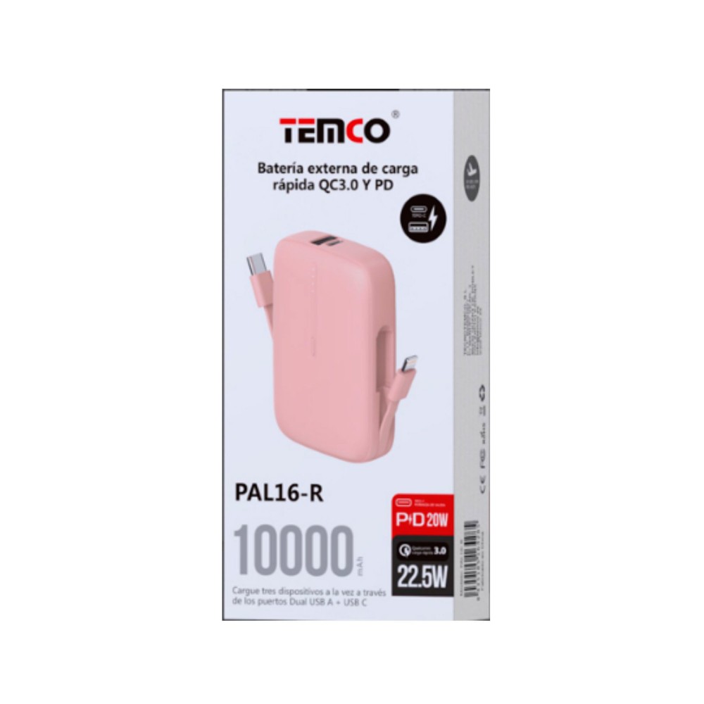 Bateria externa 10000mAh 22.5W 2.25A MAX / salidas tipo C-lightning rosa