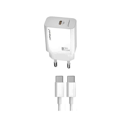 Cargador rapido PD Tipo-C 20W + cable tipo-C a tipo-C / Blanco