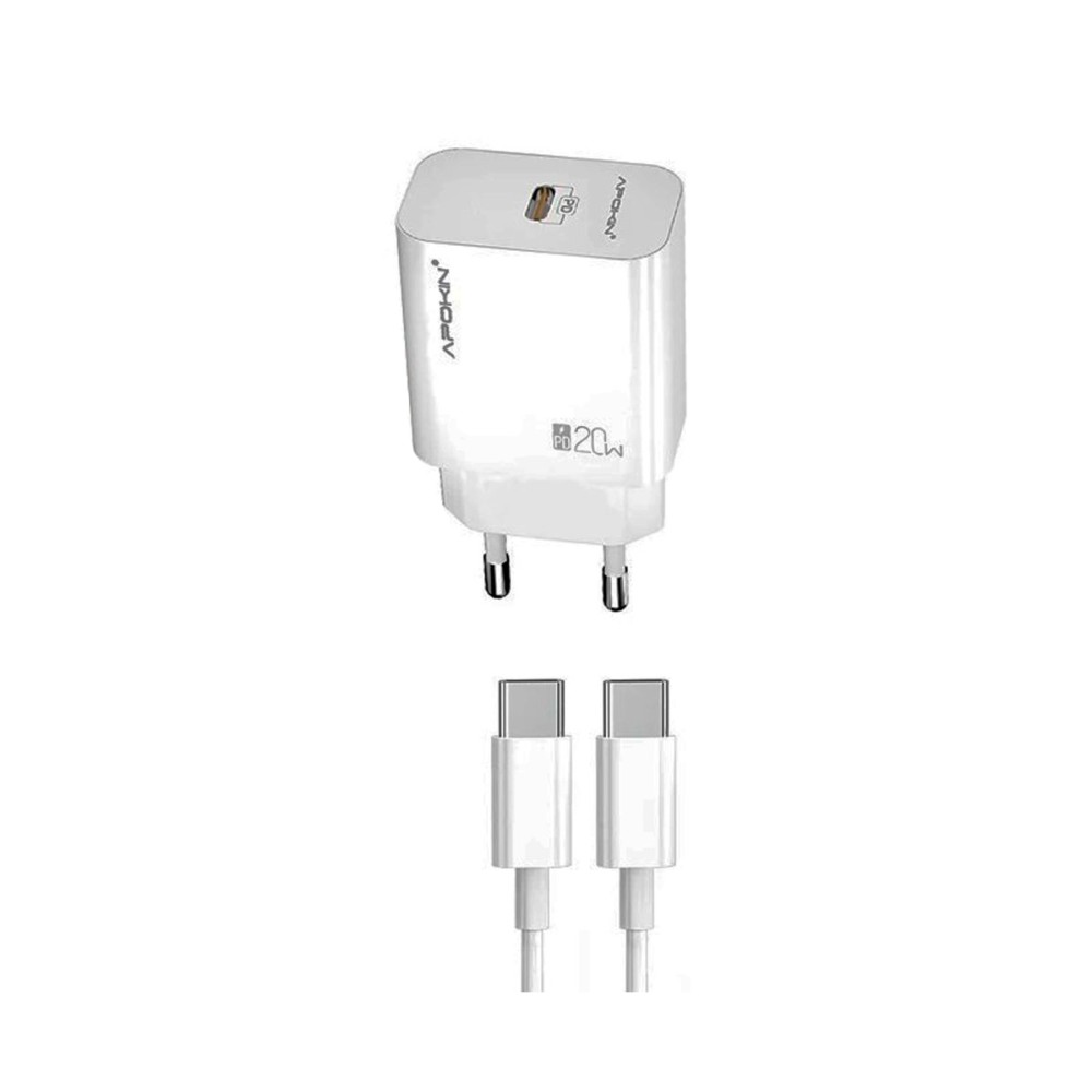 Cargador rapido PD Tipo-C 20W + cable tipo-C a tipo-C / Blanco