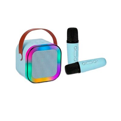 Altavoz karaoke azul RGB + 2 micrófonos / bluetooth / micro SD / AUX / USB